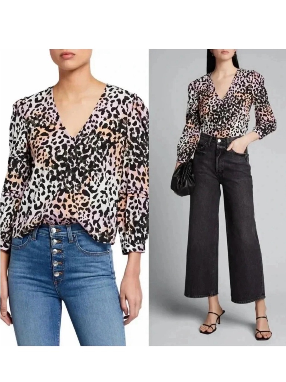 Veronica Beard Ramona Leopard Silk Blend V-Neck 3/4 Sleeve Top Size 2